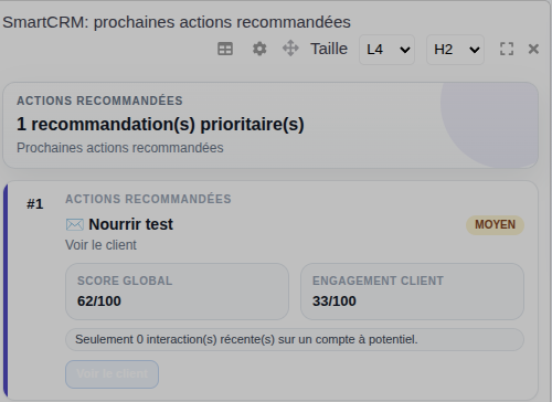 Widget prochaines actions recommandées